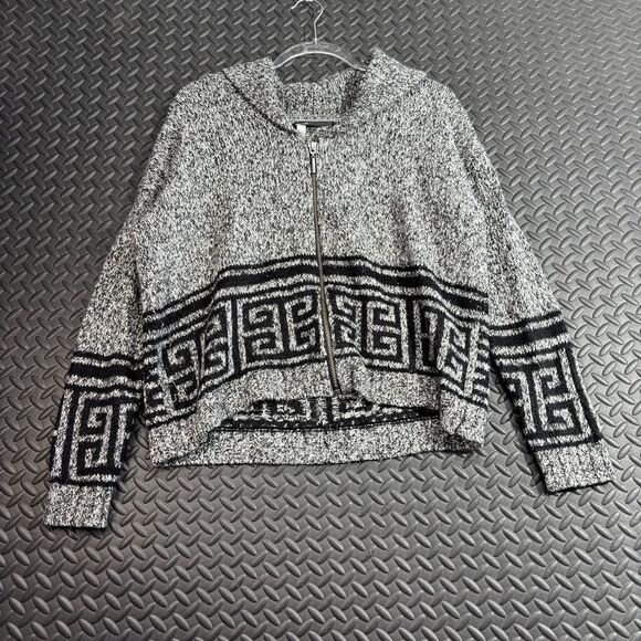 Kensie Tops - Kenzie Gray Black Geometric‎ Pattern Full Zip Cropped Knitted Sweater Women's M
